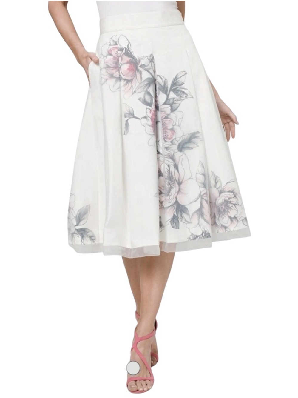 White House Black Market White Floral A-Line Midi Skirt